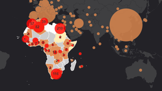 A picture of the map of Africa outlining some of the countries that have confirmed cases of Covid-19.(Photo/WHO)